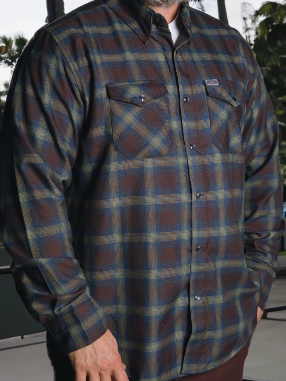 Dixxon The Cove Flannel Plaid Snap Shirt Brown Blue Green Mens Medium